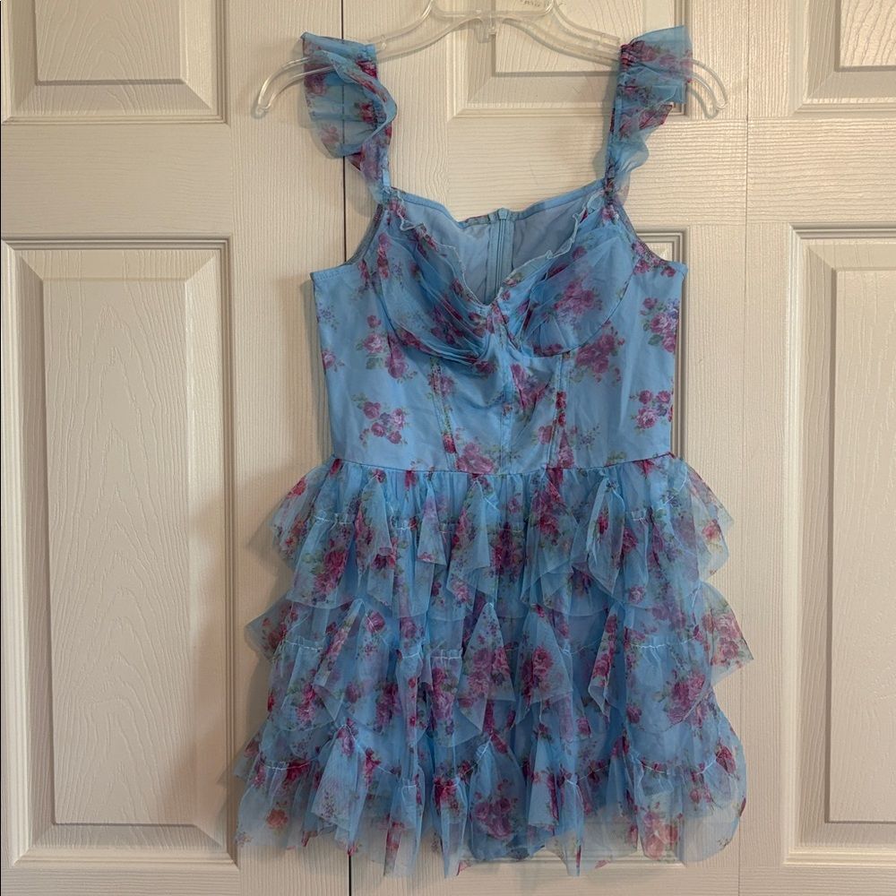 Cider Sky Blue Floral Elegant Romper size S zipper back ruffle skirt and straps